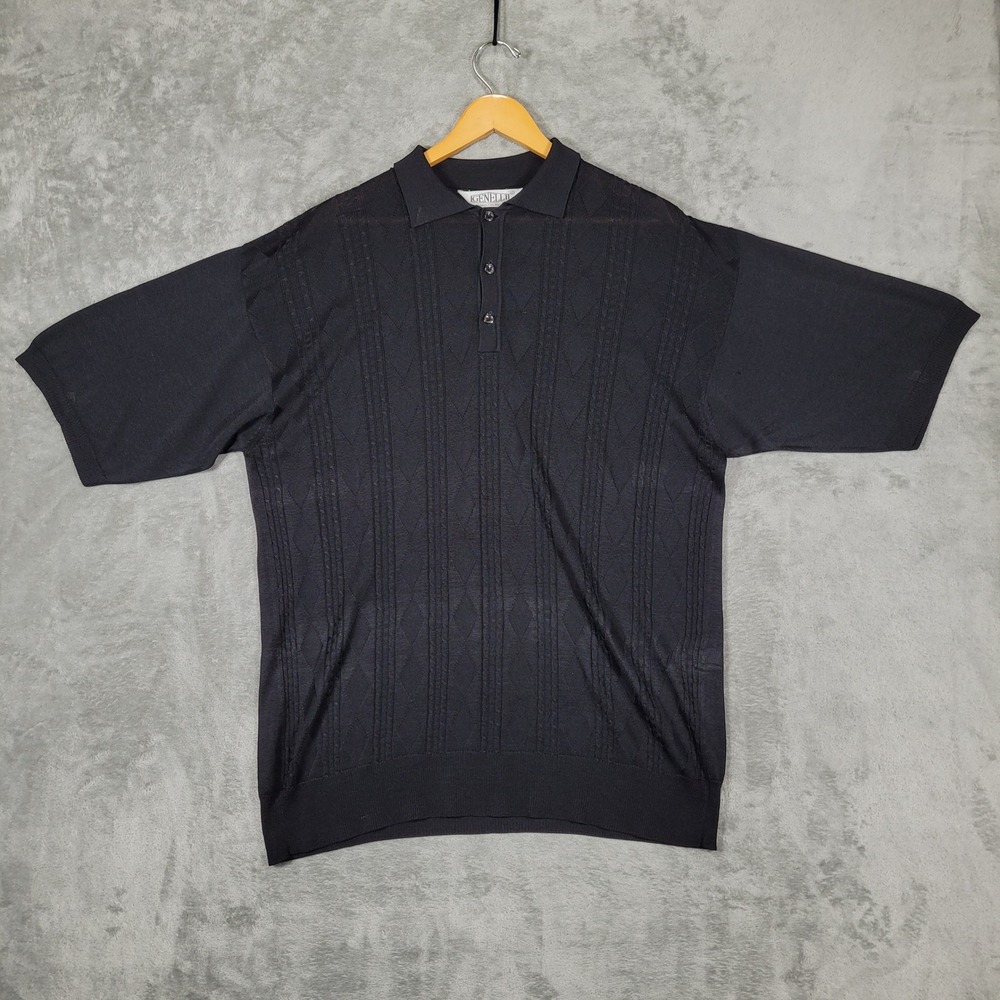 Genelli Polo Shirt Mens Large Black Pure Silk Diamond Cable Knit Short Sleeve